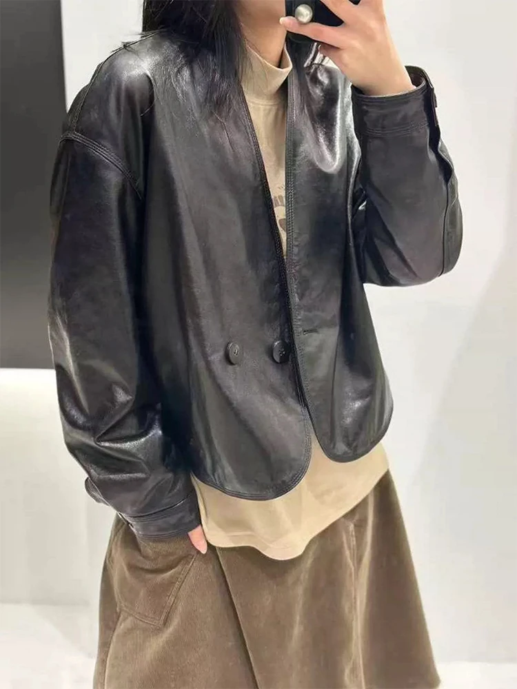 Women Spring Genuine Leather Jacket Fashion Classic Black Burnished Real Leather Loose Overcoat