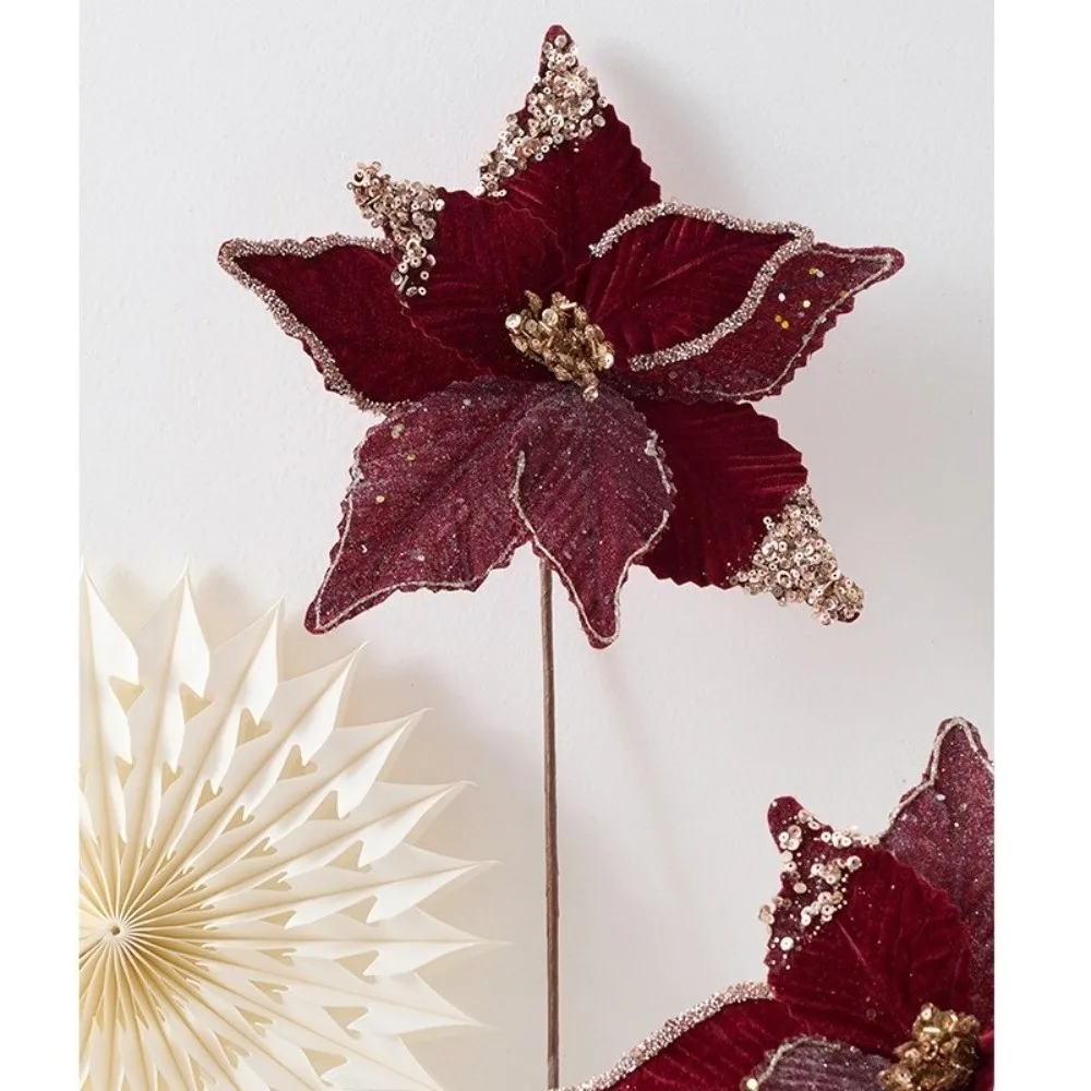 

26CM Wine Red Artificial Poinsettia Flower Glitter Sparkling Simulation Flowers Sequins DIY Christmas Flower