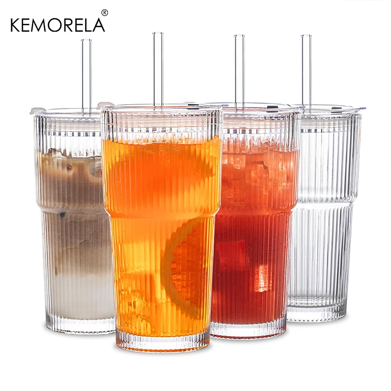 KEMORELA 590MLRibbed Glass Tumblers with Lids and Glass Straws 4PCS Glassware Set Ideal Iced Coffee Smoothies Juice Cocktails