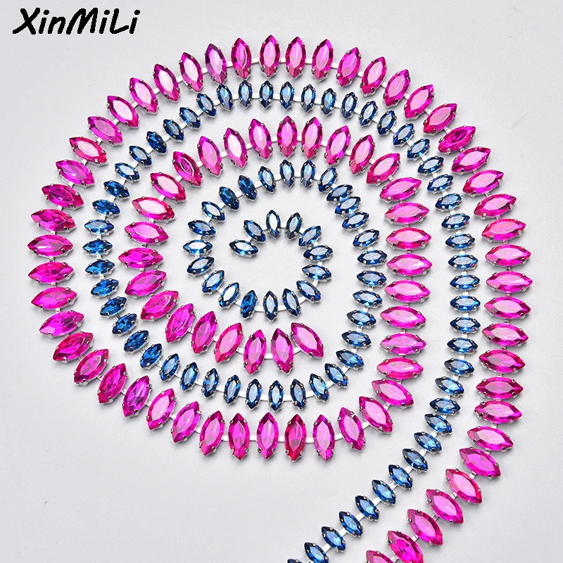 1 Meter Fashion Colorful Horse Eye Glass Rhinestone Metal Trim Marquise Crystal Chain Diy Necklace Clothes Applique Accessories