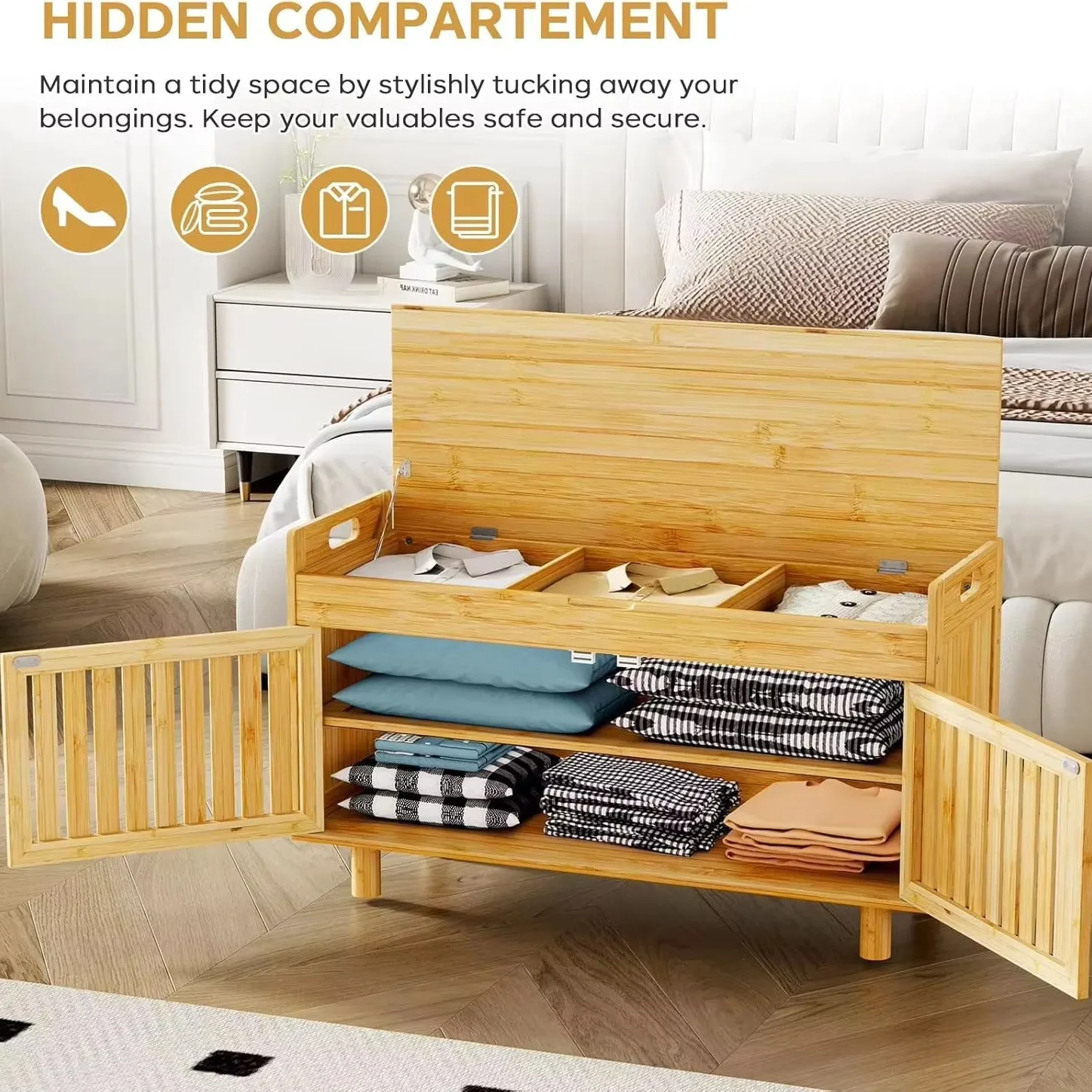 Living room 2-layer shoe rack Lifting top Storage entrance channel Bench Bamboo shoe cabinet with 2 doors Thickened seat Shoe