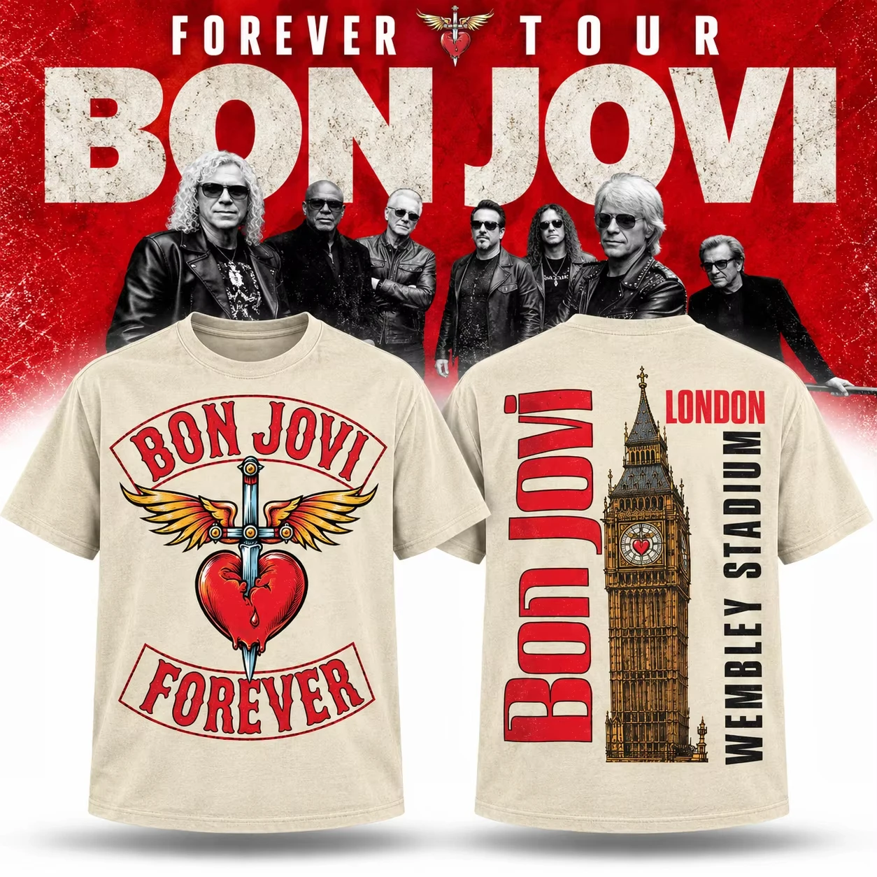 2026 Bon Jovi Forever Tour 2026 Wembley Stadium London Double Sided Graphic T Shirt Unisex Short Sleeve Rock Band Concert Tee