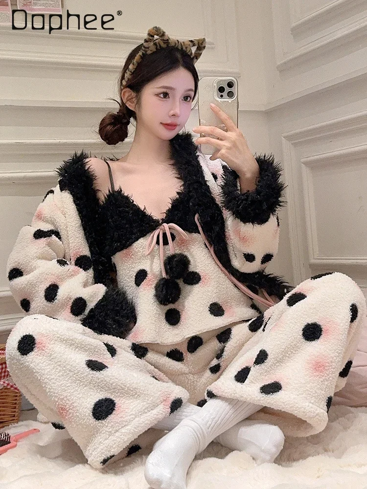 

Coral Fleece Pajamas Women Three Piece Sets Polka Dot Plush Lace Up V Neck Cardigan + Camisole + Pants Warm Sleepwear