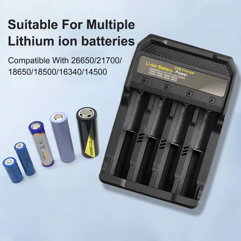 4 Slots 18650 USB Battery Charger Portable Charger For 18650/16340/14500/10440 3.7V Rechargeable Lithium Batteries Smart Charger