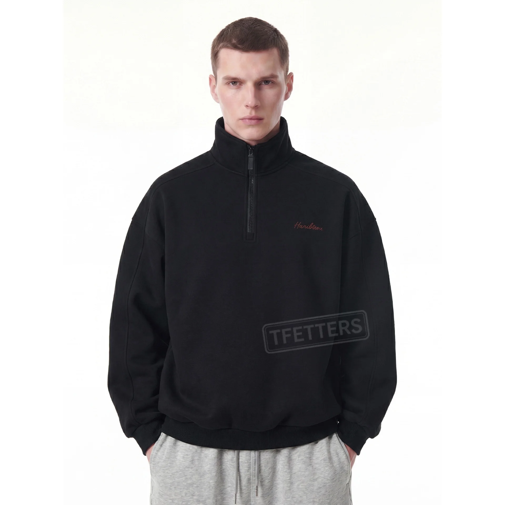 TFETTERS Fall Loose Cotton Half Zip Sweatshirt for Men Heather Gray Stand Collar Minimal Embroidered Casual Tops for Man EU SIZE