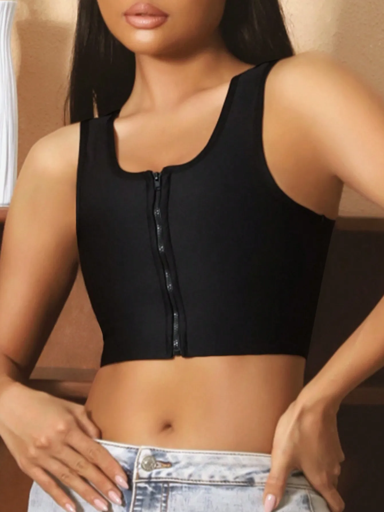 Front zipper chest cinching bra revealing chest small super flat sports vest chest shrinking super flat text bra thin design