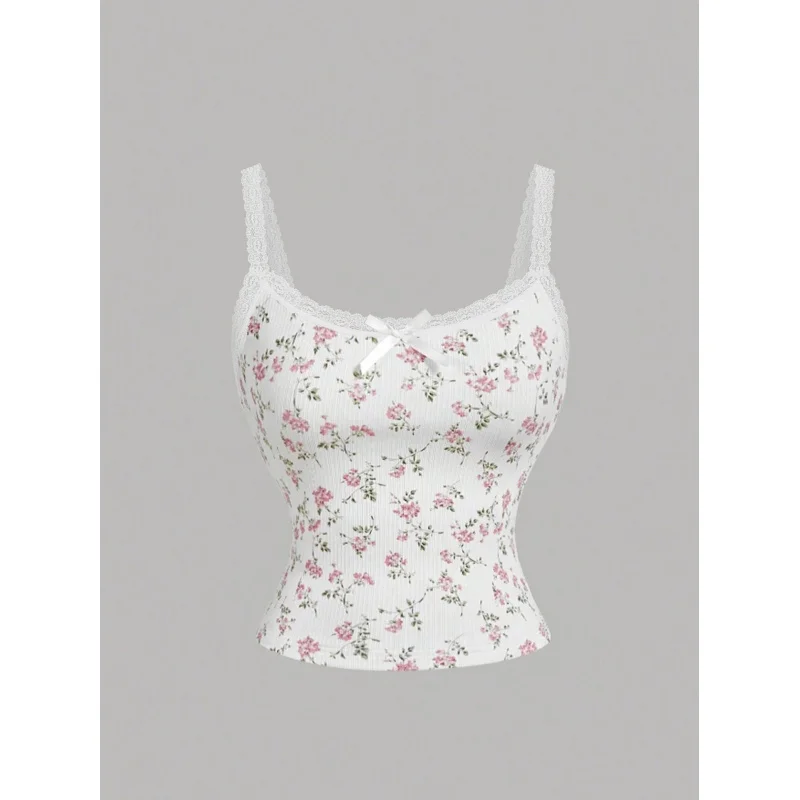 Top estivo da donna con reggicalze slim fit con stampa floreale dolce e finiture in pizzo con decorazione ARCO Top femminile casual senza schienale sexy