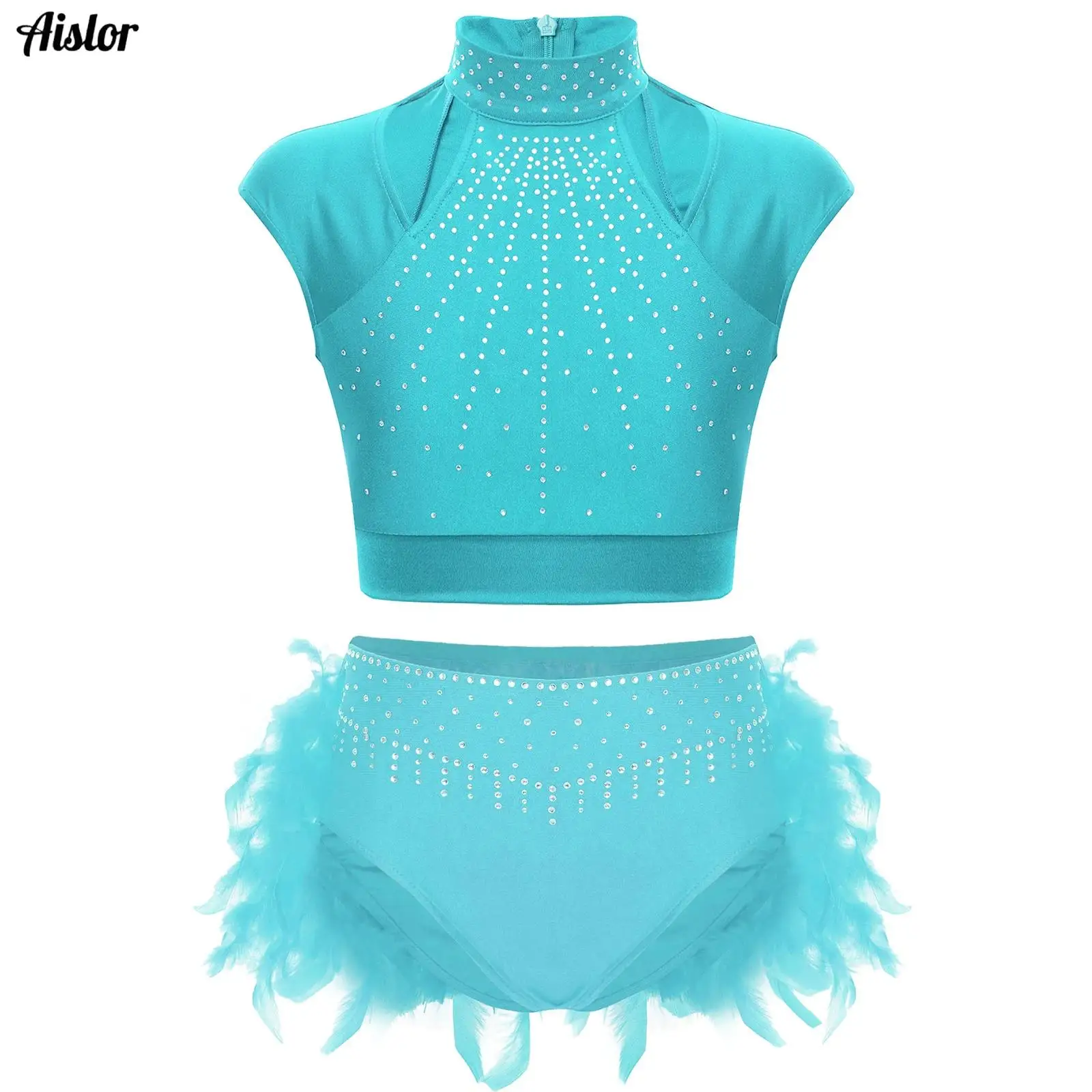 เด็กหญิงชุดเต้นรําแจ๊ส Cutout แขนกุด Rhinestones เงา Crop Top + Feather กางเกงกระโปรงสําหรับสเก็ตยิมนาสติก