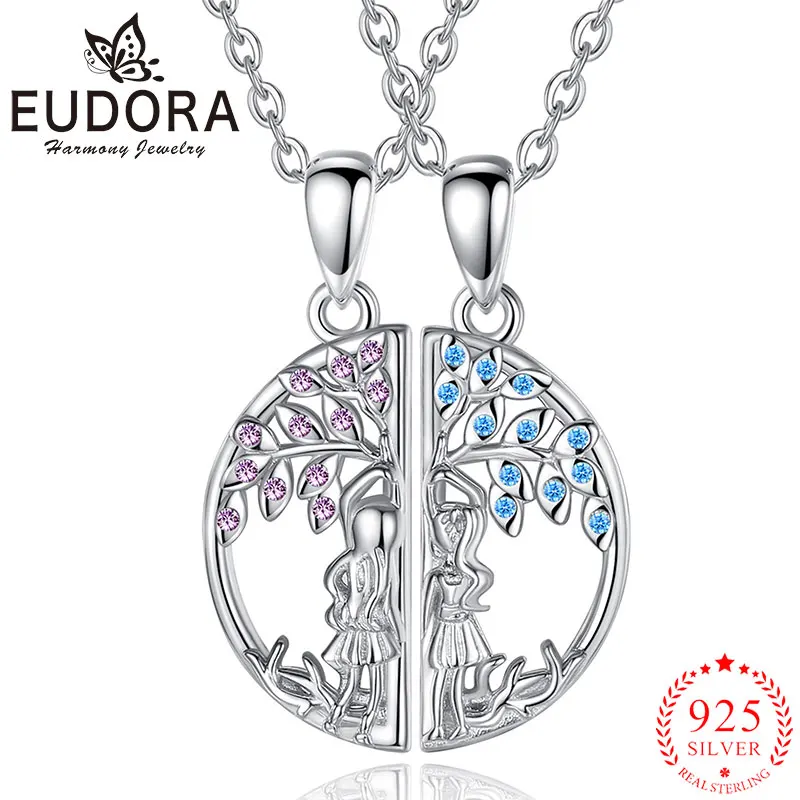 Eudora 925 Sterling Silver Tree of Life Friendship Necklace Blue Purple Zircon Sisters Necklace For 2 Pcs/ Set Gift For Sisters