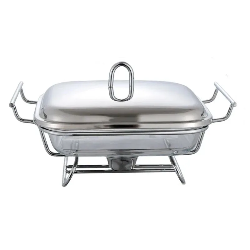 Plat chauffant rectangulaire en acier inoxydable et verre, 2L, alimenté à l'alcool, avec contrôle manuel de la température, pour buffet et banquet.