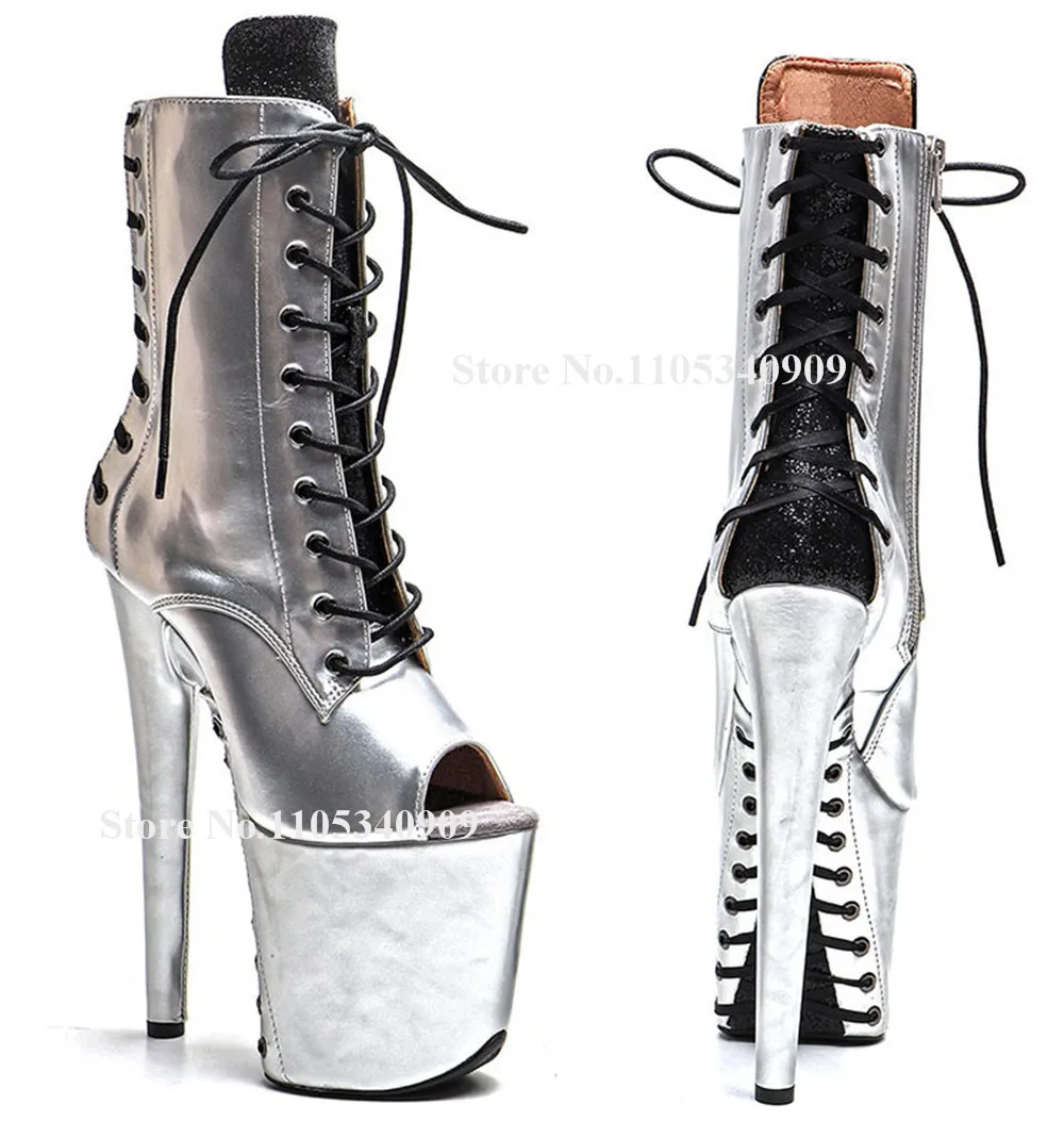 

Bondarenko Unique Style Back Lace-up Stiletto Heel Short Boots Peep Toe Silver High Platform Patchwork Thin Heel 20cm Dance Shoe