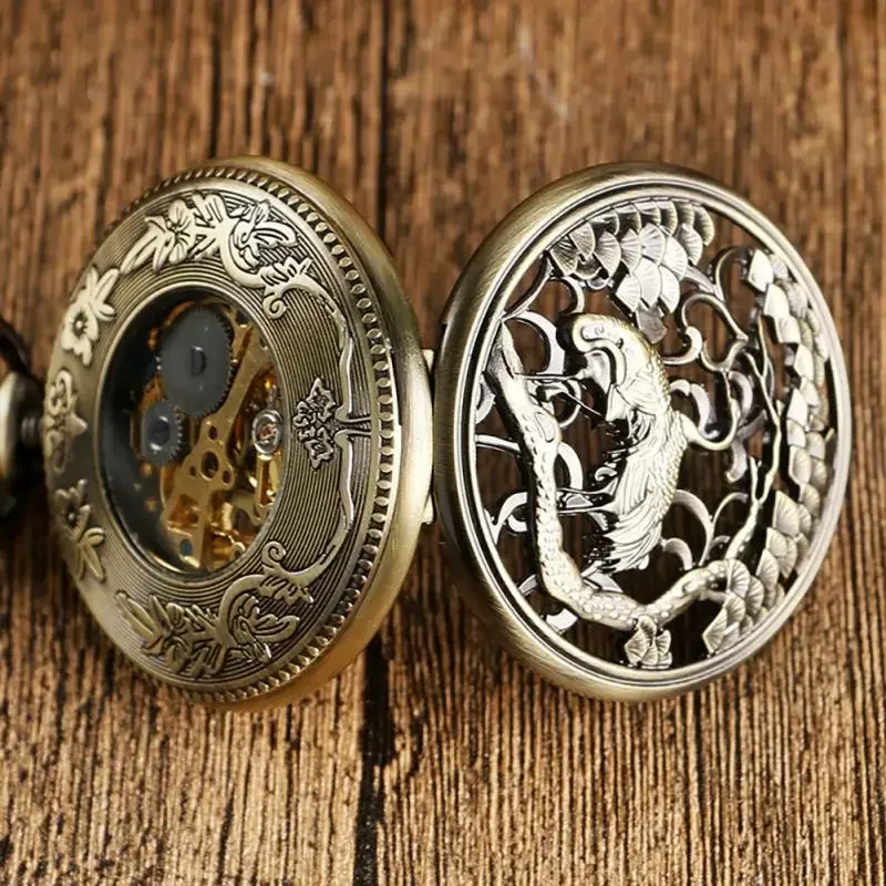 Bronze Hollow Double Crane Handwinding Mechanical Pocket Watch Men Pendant Chain Clock Men Women Cool Gift Relogio De Bolso