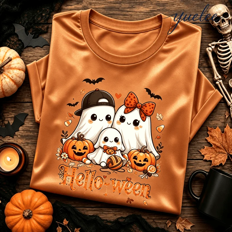 Cute Ghost Halloween T-Shirt Family Wear Pumpkin Bow Spooky Season Tee Fall Parents and Children T-Shirt Halloween Theme Clothes
