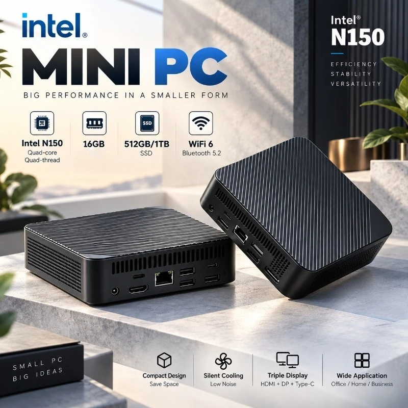Silent Cooling Portable Mini Desktop Intel Core N150 16GB RAM 1TB 2TB SSD WiFi6 High Performance Office Home PC