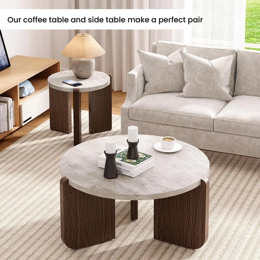 Coffee Table and End Table Sets, Round Marble Modern 3Piece Living Room Table Set for Office, Living Room, Apartment, Small Spa