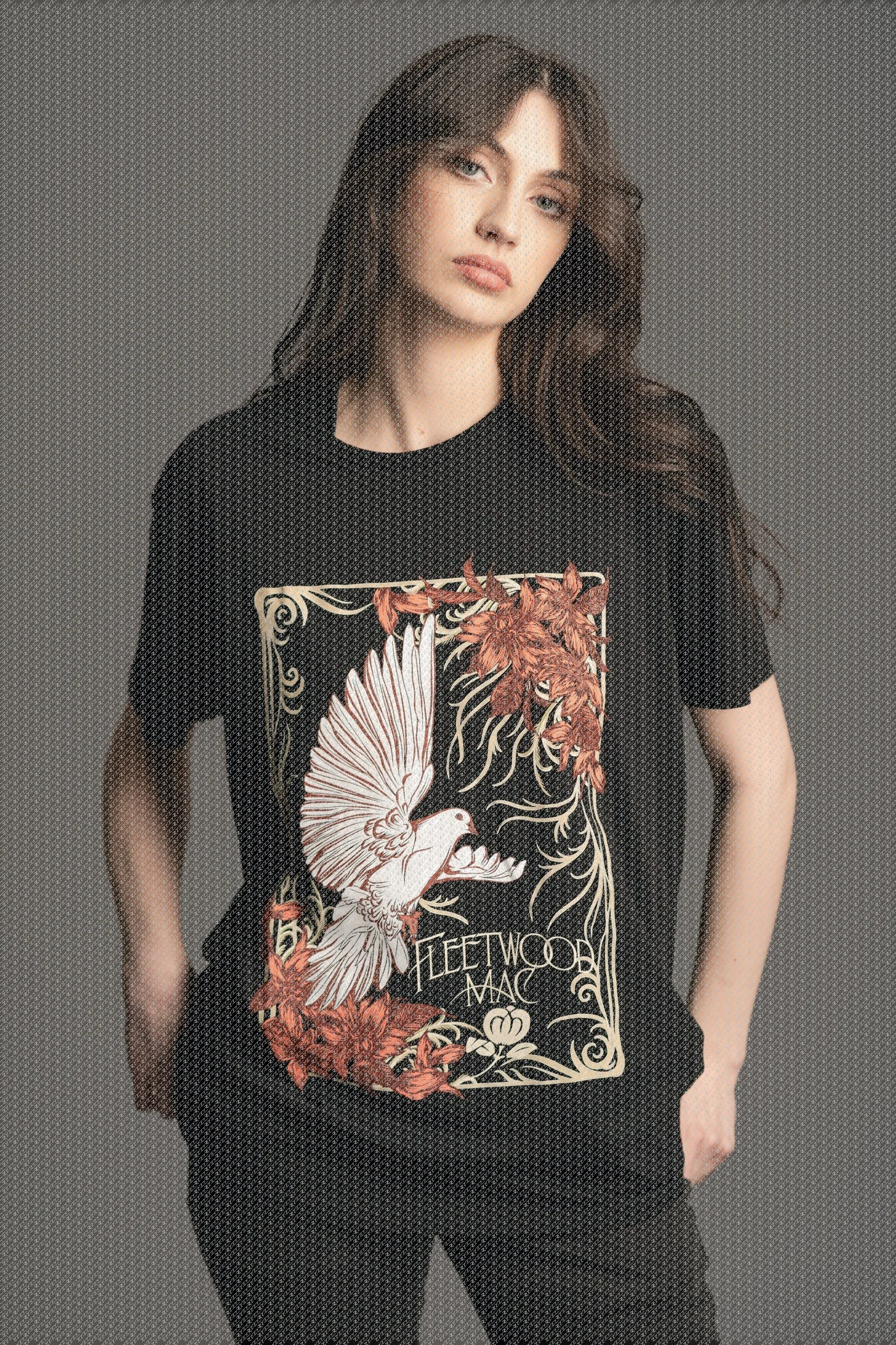 Tops amples à manches courtes pour femmes, style rétro, avec motif antique de dessin au trait, motif de bordure à volutes, motif oiseau de la paix, motif fleur et motif de texte