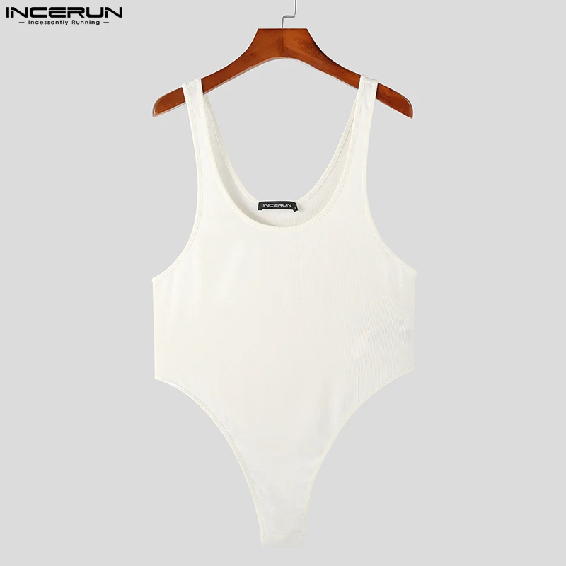 Incerun-bodysuit sem mangas para homens, cor sólida, redondo-colar, pijama sexy, roupas de verão, aconchegante, tamanho s-5xl, 2023