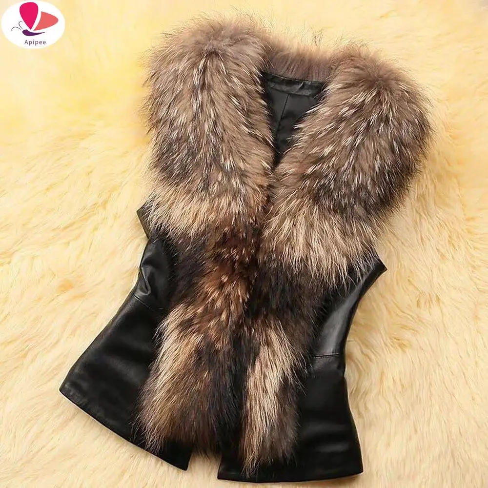 APIPEE Women Faux Rabbit Fur Vest With Raccoon Fur Collar Waistcoat/jackets Rex Rabbit Knitted Winter PU Vest Coat