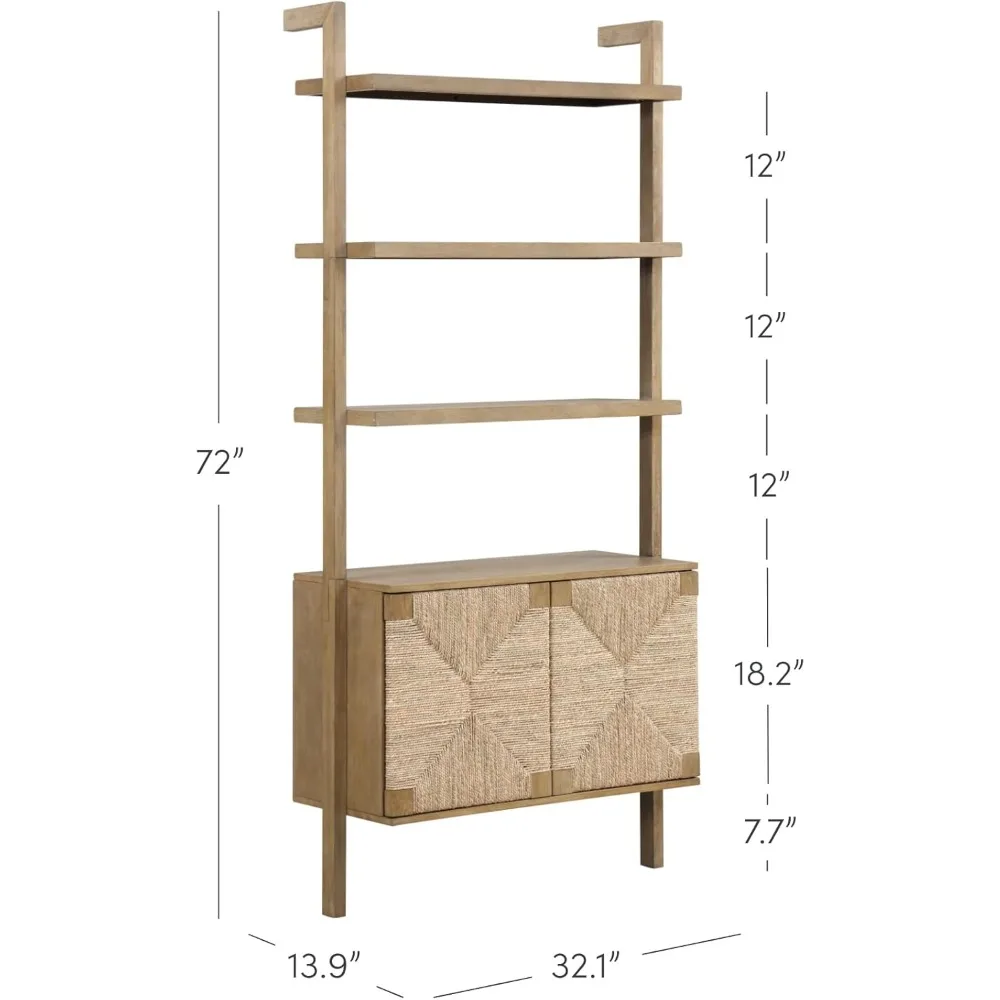 Beacon 3-Shelf Solid Wood Bookshelf with Storage Cabinet, Bohemian Wall Mounted Shelf with Seagrass Door Fronts, Se