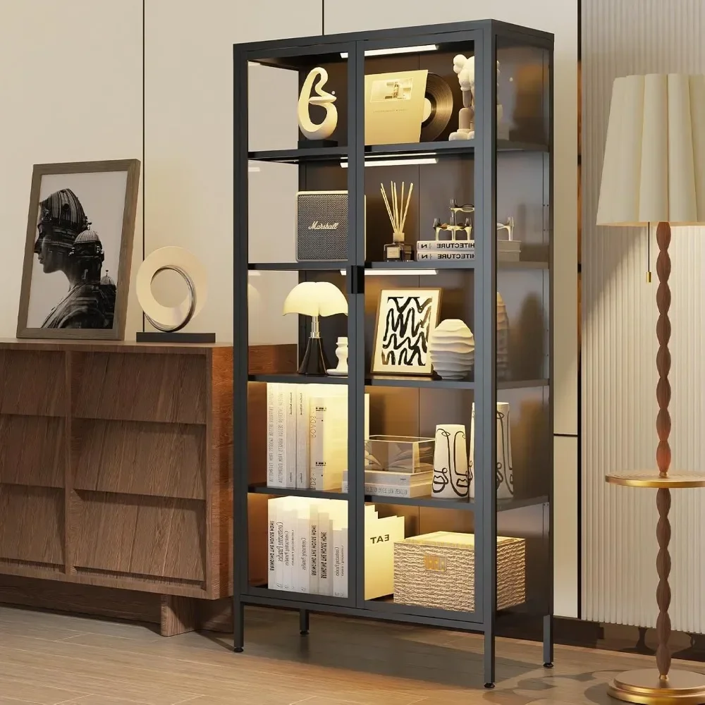

"71" Curio Display Cabinet - Glass Door 5-Tier Case w/ 3-Color LED Lights for Collectibles