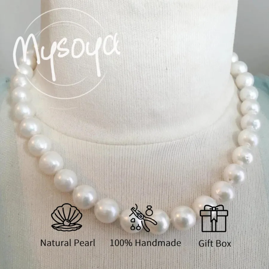 

MYSOYA 9-11mm White Freshwater Pearl Necklace For Women Men With Gift Box Perfect Gift For Wedding Birthday Christmas New Year