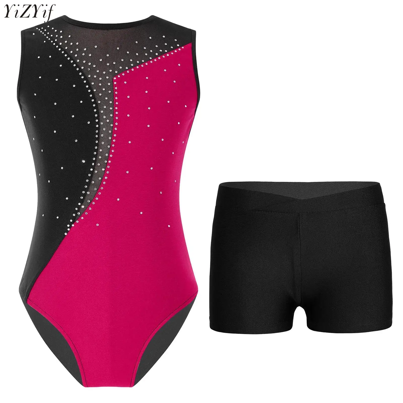 

Kids Girls Gymnastics Leotard Shiny Rhinestones Contrast Color Sleeveless Bodysuit+Shorts for Ballet Dance Workout Performance