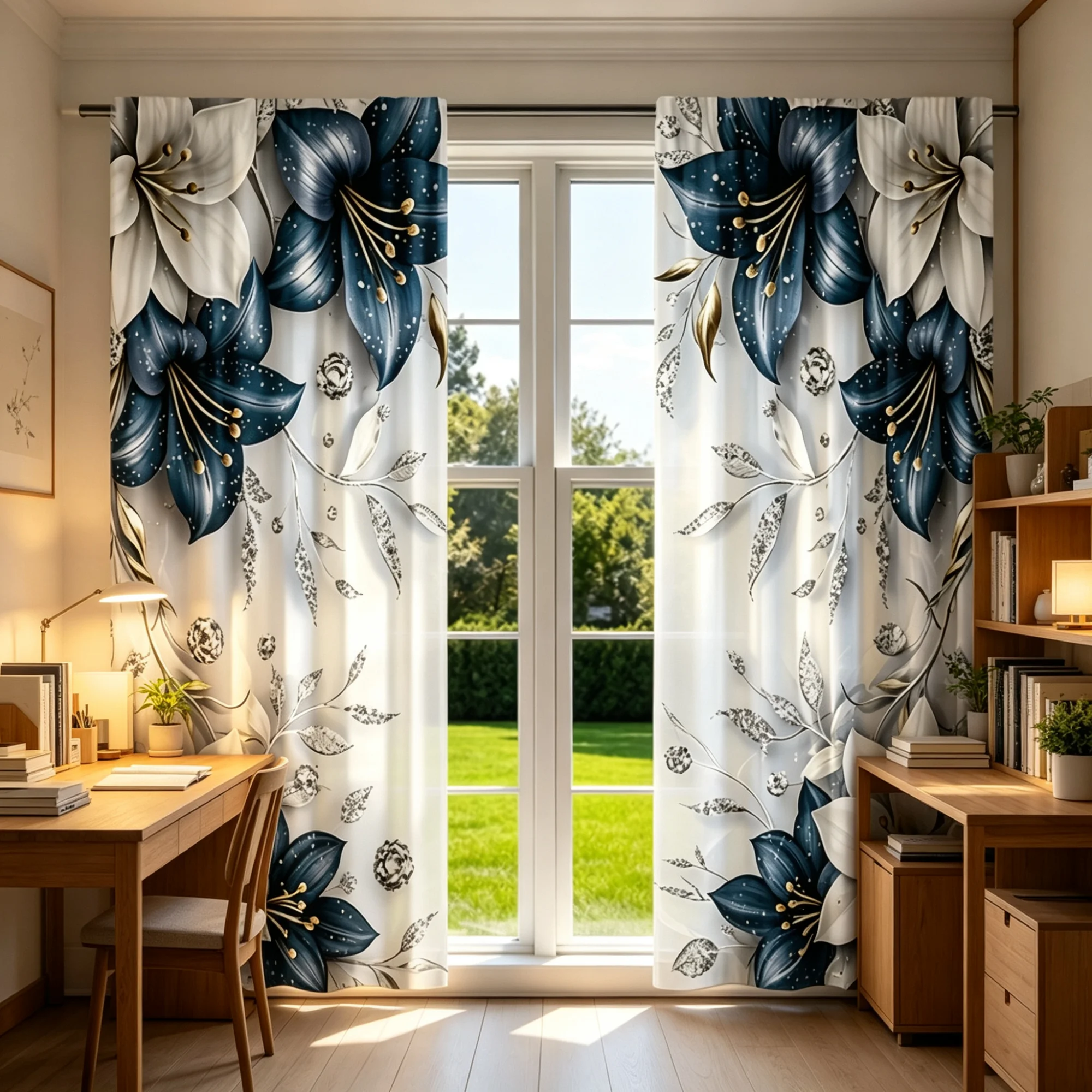 2D Flat 2Pcs Curtains, European Luxury Dark Blue Lily Pattern, Semi-transparent, Rod-Pass, Suitable for Weddings