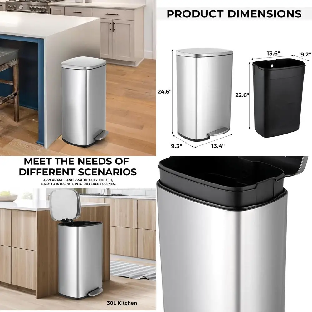 

8 Gallon Brushed Stainless Steel Step-On Trash Can with 30L Capacity, Quiet Closing, Removable Bucket for Home and Office Use