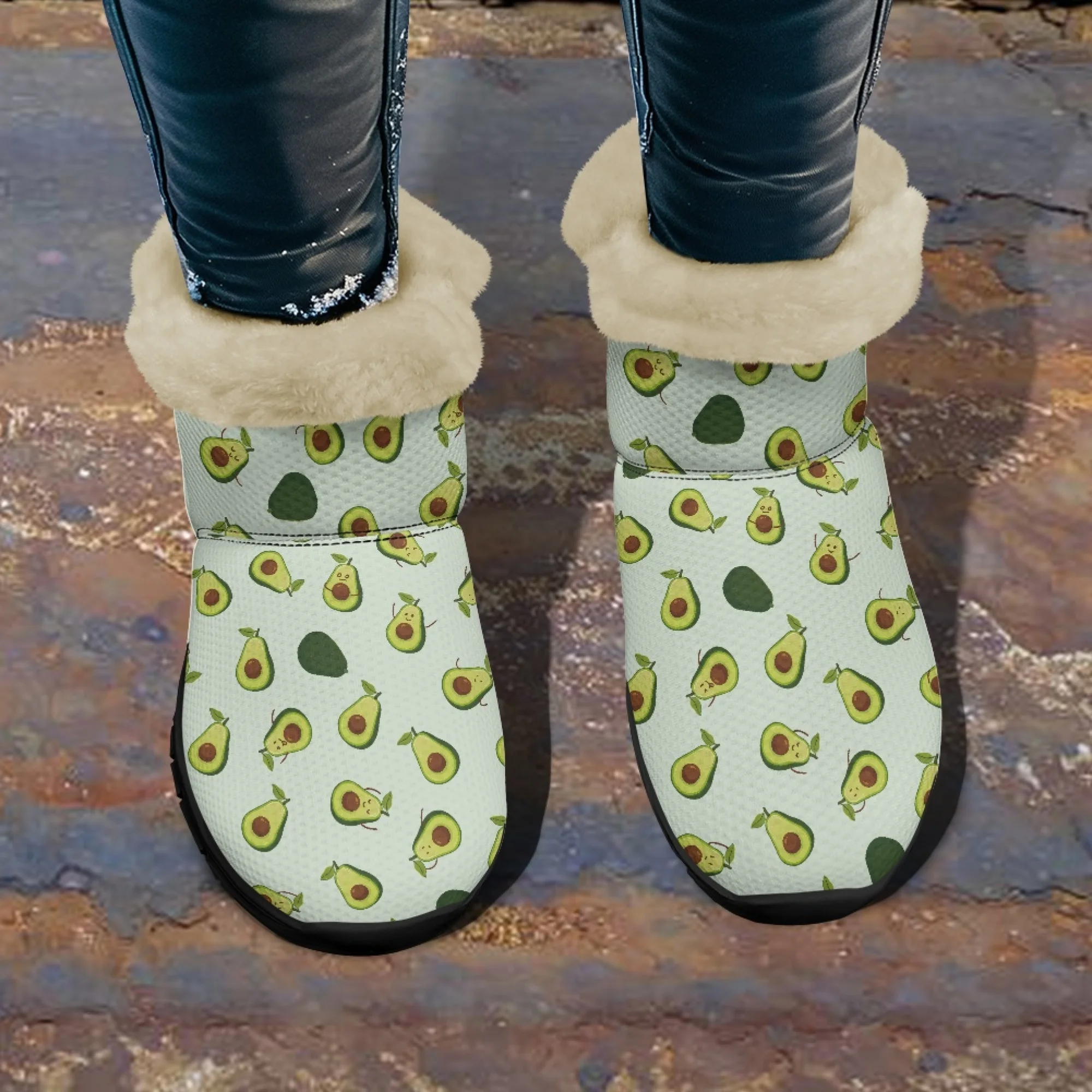 INSTANTARTS Green Avocado Print Snow Soft Women Boots Winter Warm Shoes Non Slip Comfort Casual Short Plush Lady Boots