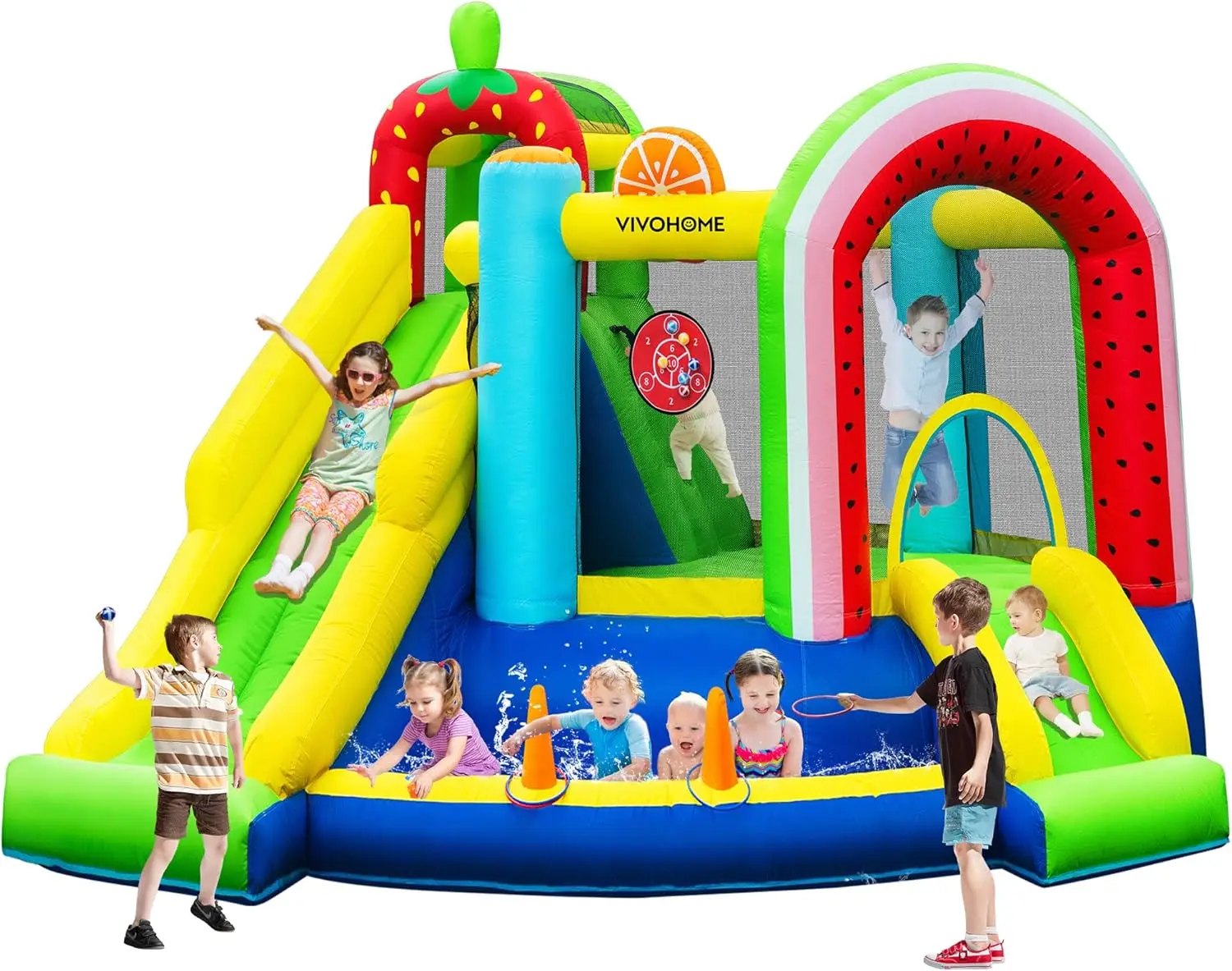 7 in 1 Bounce House for Kids, Fruit Theme Inflatable Bouncy Castle with Slide, 12x12 FT Inflated Bouncer for Outdoor with Blower