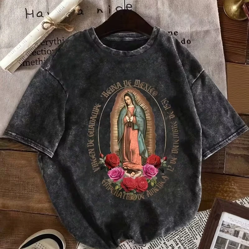 Sacred Virgen De Guadalupe T-shirt Men Women 2025 Summer Vintage Mexican Religious Print Loose O-neck Short Sleeve Aesthetic Tee