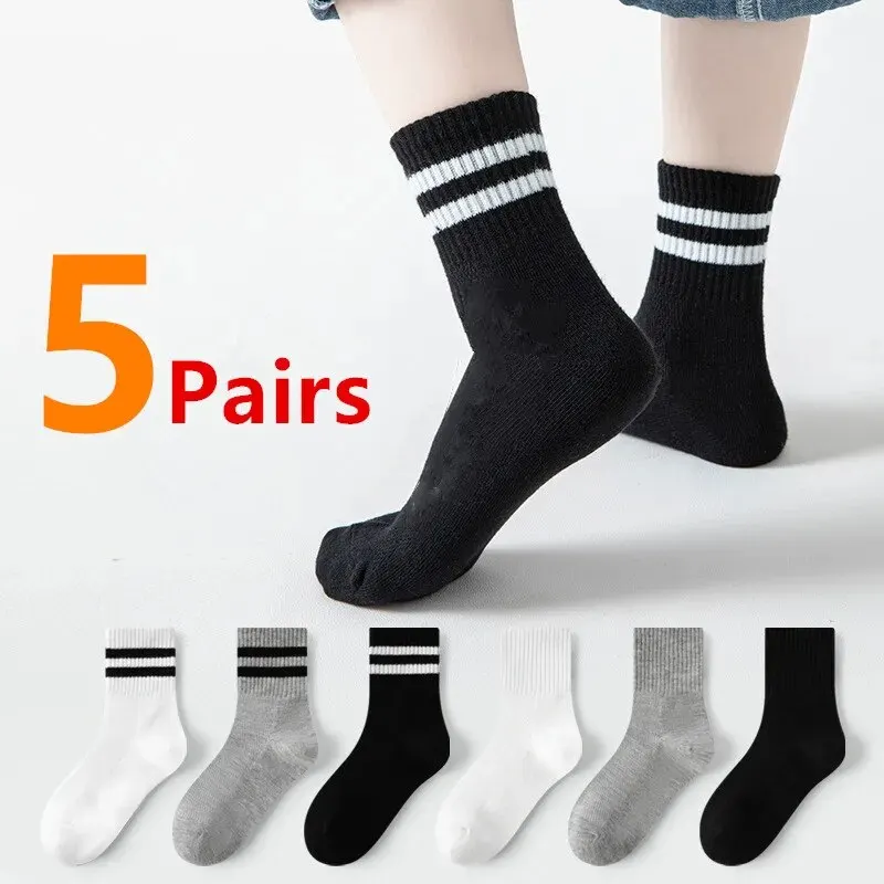 5Pairs/Lot Black White Kids Socks Casual Baby Girls Boys Cotton Stripe Mesh Summer Autumn Preppy Children Socks For 1-8Years