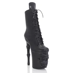 New 20cm ultra high heels steel tube dance shoes with skull sole black matte short boots stage walking boots