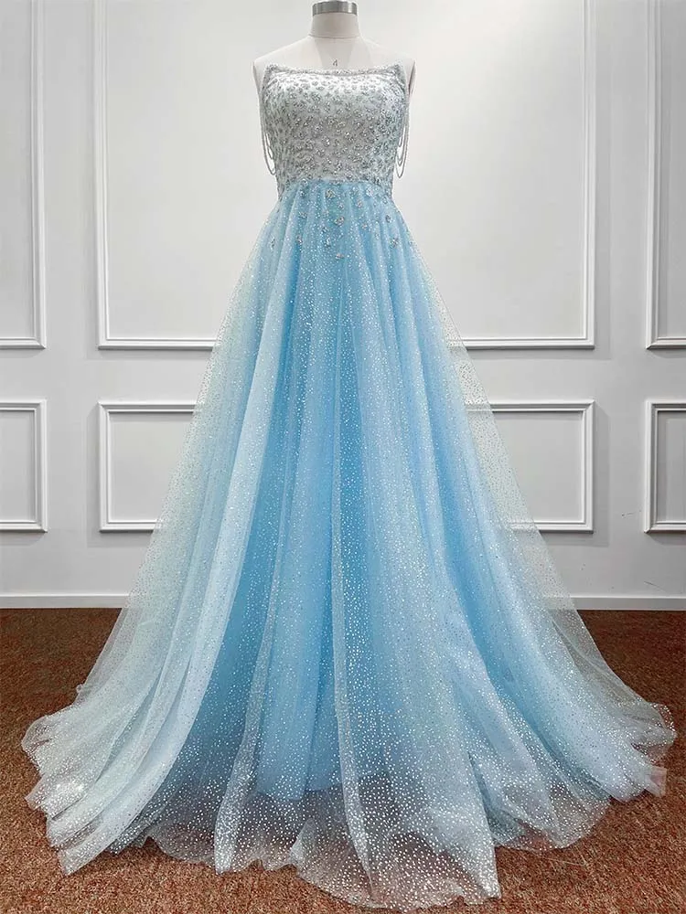 Elegant A Line Blue Long Evening Dresses For Women 2024 Strapless Beading Sequined Vestido De Fiesta Wedding Party Gown Formal