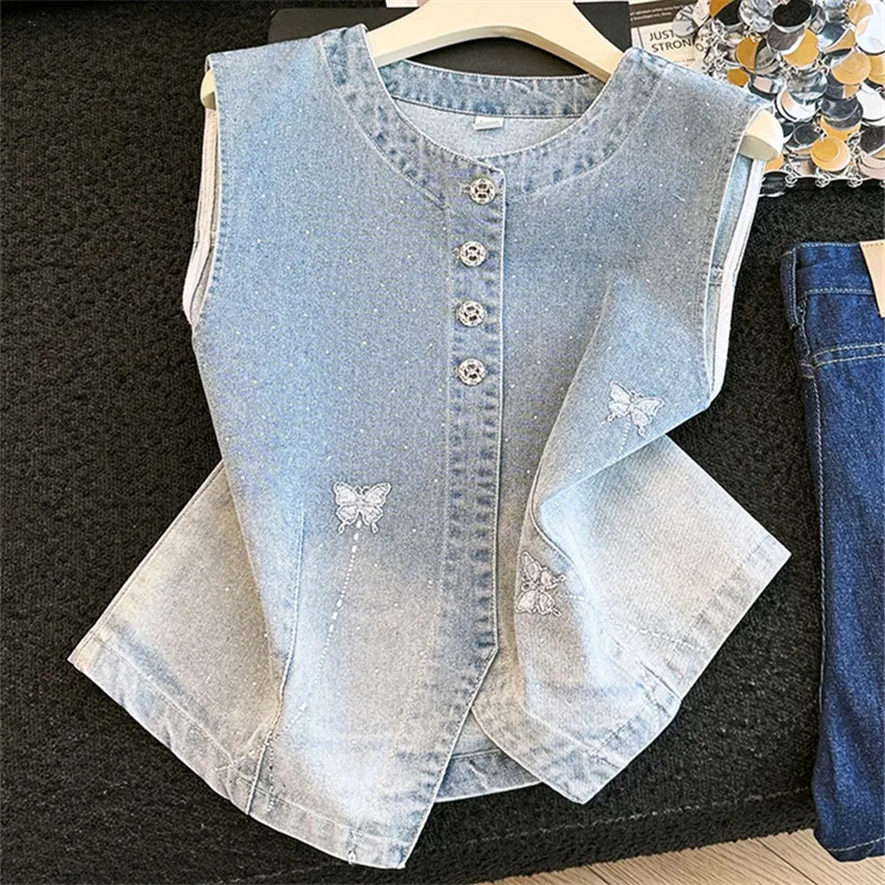 

Fashion Rhinestones Butterfly Summer Women Slim Short Jeans Vest Round Neck Single-Breasted Sleeveless Cowboy Waistcoat