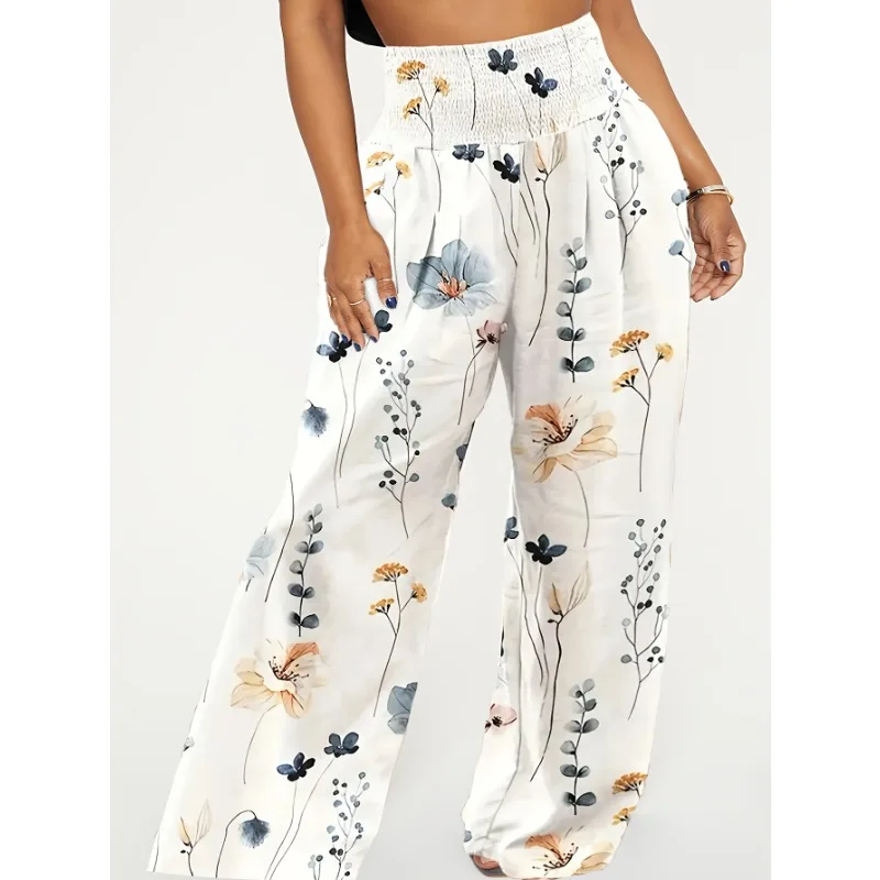 Plus maat 1XL-5XL dames zomer nieuwe modieuze bedrukte elastische taille wijde pijpen lange broek geschikt voor woon-werkverkeer
