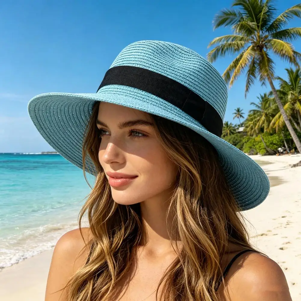 Stylish Flat Top Straw Beach Hat, Effective UV Protection Cover, Comfortable Breathable Summer Hat for Outdoor Travel