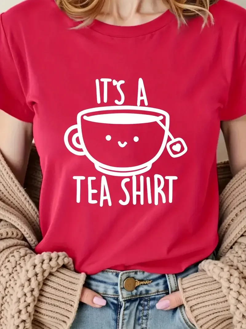 

Женская футболка больших размеров с графическим принтом - красный повседневный топ с круглым вырезом и короткими рукавами с дизайном чашки, повседневная одежда