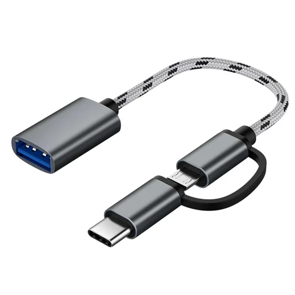 كابل otg usb 2 في 1 ، نوع c/مايكرو usb إلى محول usb ، تصميم مجدول ، كابل نقل بيانات للهاتف المحمول (رمادي)