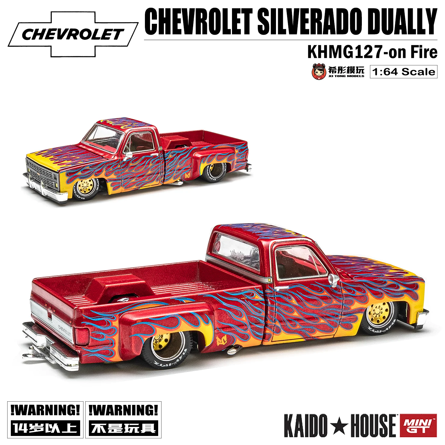 MINIGT 1:64 Chevrolet Sorod Modelo de captação com padrão de chama, modelo de jogo de lança de carro estático em miniatura de liga, presente de exibição de coleção para adultos.