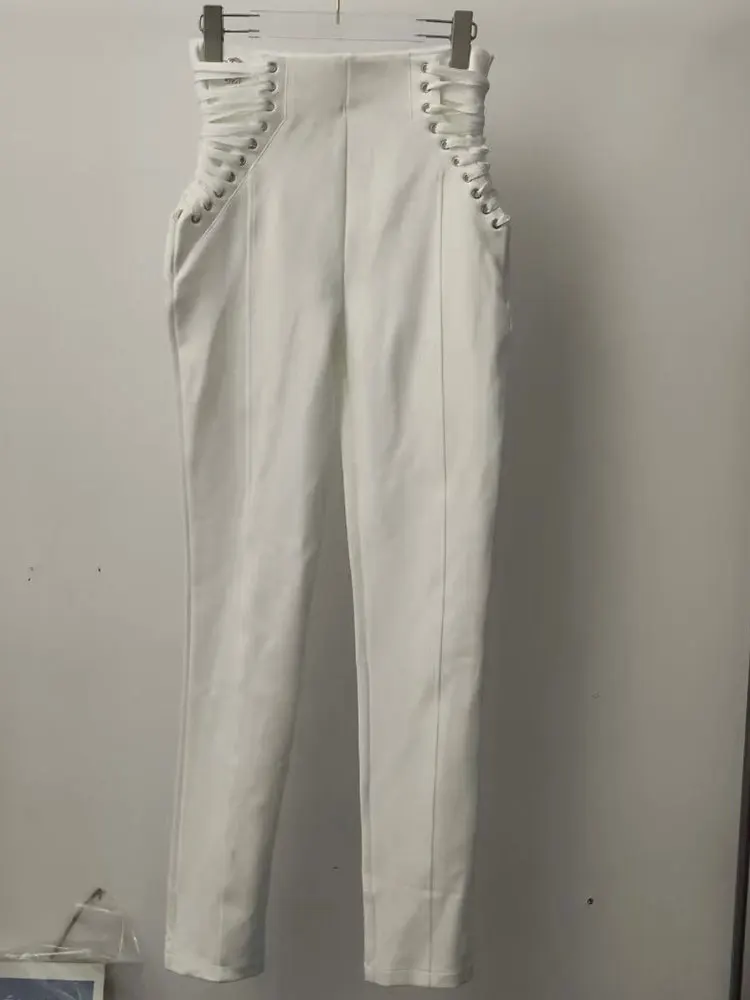 Heavy fashion side waist strap elastic slim high waist slim pencil feet pants female autumn new Joker temperament pants.
