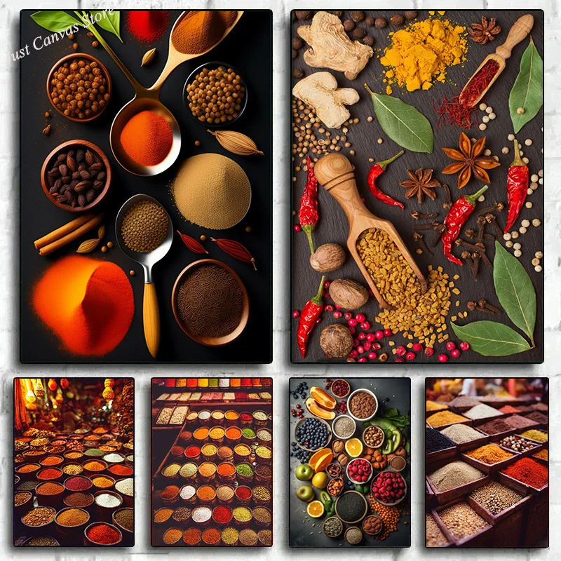 Póster vintage con estampado de salmón, sushi, hierbas, especias, comida y cocina, pintura en lienzo, arte de pared para decoración moderna del hogar