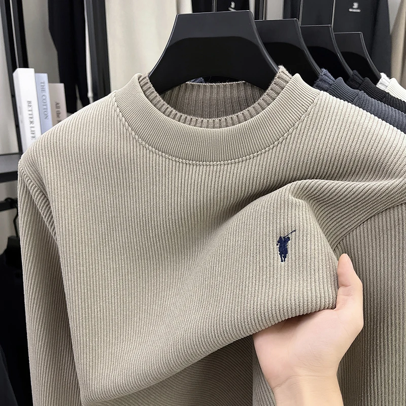 Winter New Plush Thick Sweater Men's Half High Collar Embroidered Warm and Heating Integrated Plush Knitted Sweater