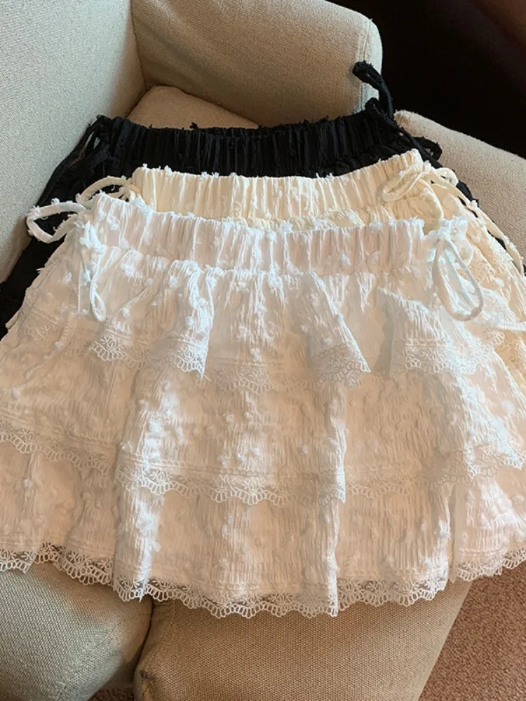 

Балетная юбка с кружевной отделкой, женская, с высокой талией, дизайнерская, пышная, короткая, корейский стиль, защита от просвечивания