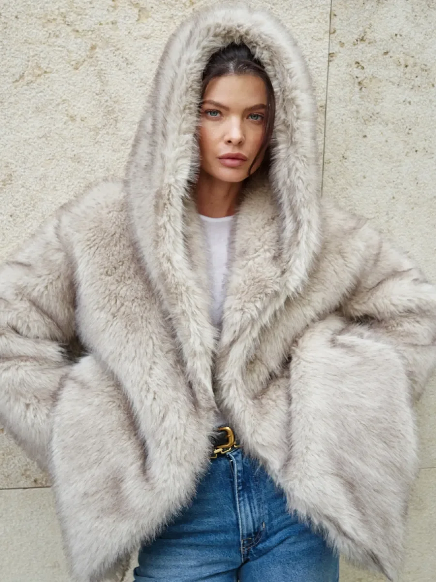 LIMO Women Hooded Faux Fur Coat Open Front Oversized Loose Long Sleeve Plush Outerwear With Pockets