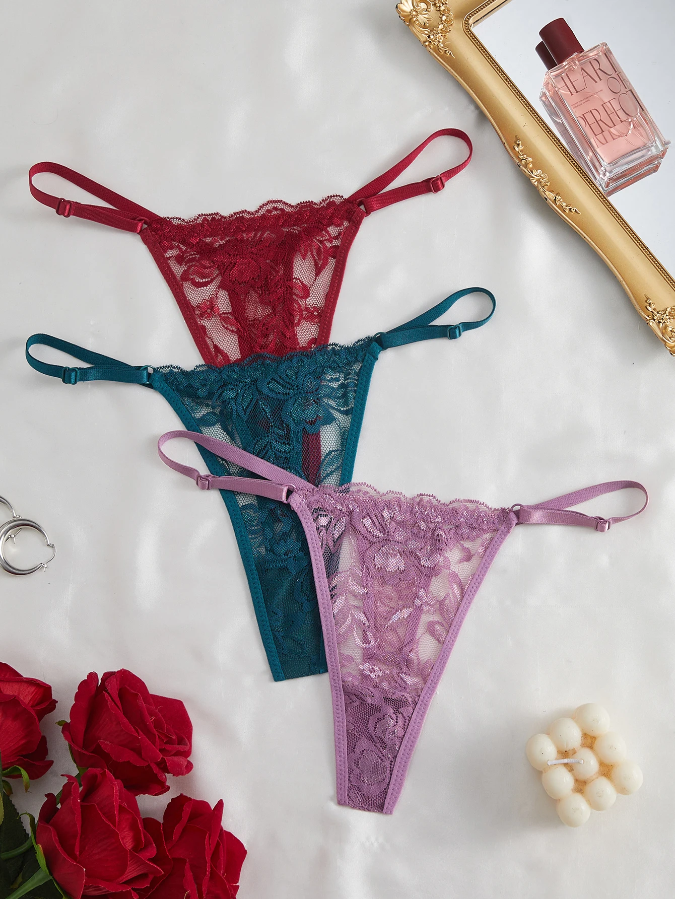 3-teiliges Set Spitzen-Stringtangas für Damen, sexy, verstellbarer dünner Bund, Intimwäsche – Detail 17