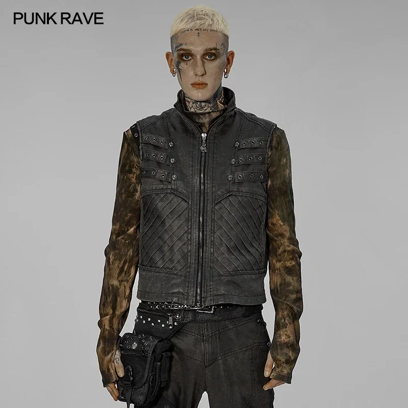 PUNK RAVE Men's Post-apocalyptic Style Distressed Vest Breathability  Lining  Sleeveless Casual Handsome Waistcoat Four Seasons