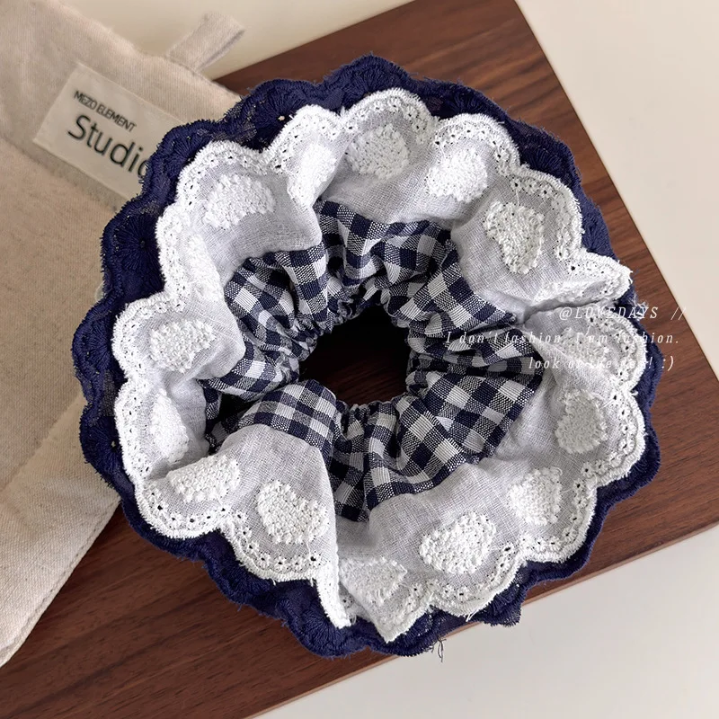 

Blue White Plaid Double Layer Fabric Lace Scrunchie Soft Gentle Low Ponytail Bun Hair Tie for Women Girls Premium Daily Wear