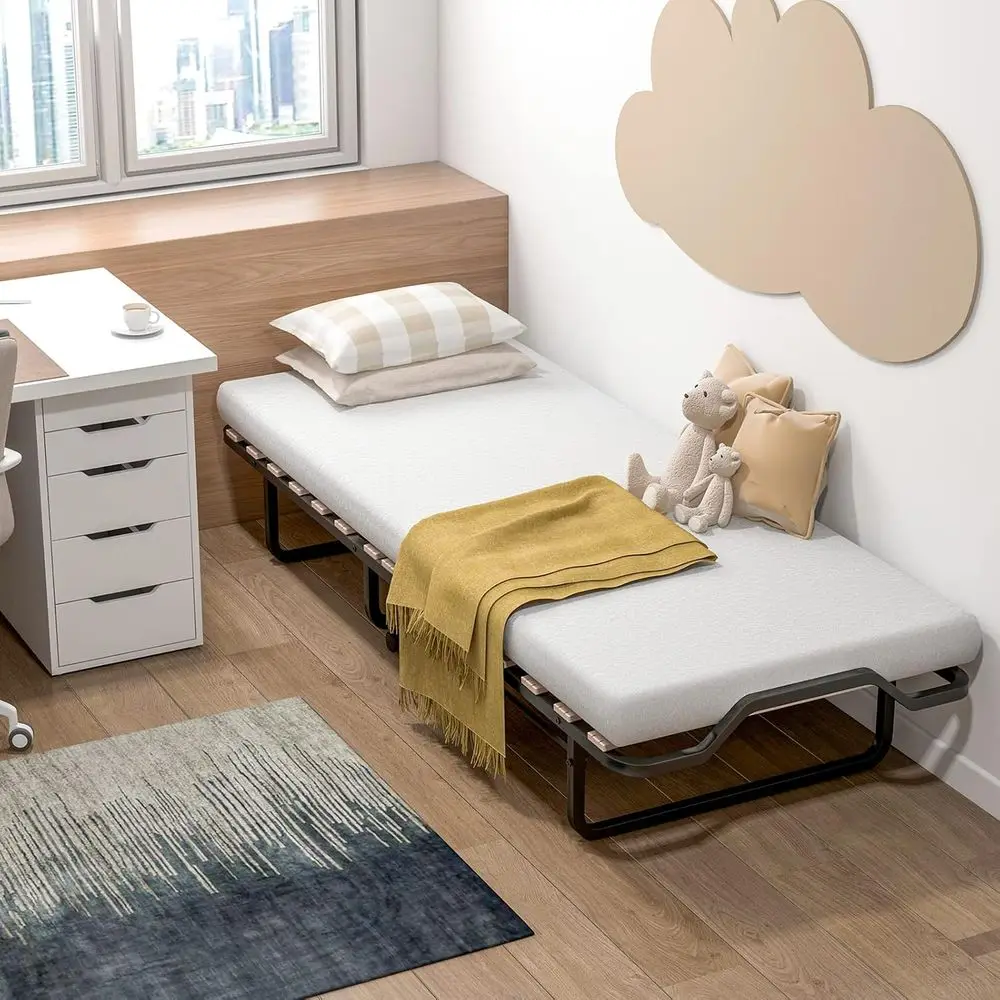 75 Adult Portable Folding Bed with Memory Foam Mattress and Metal Frame for Easy Storage