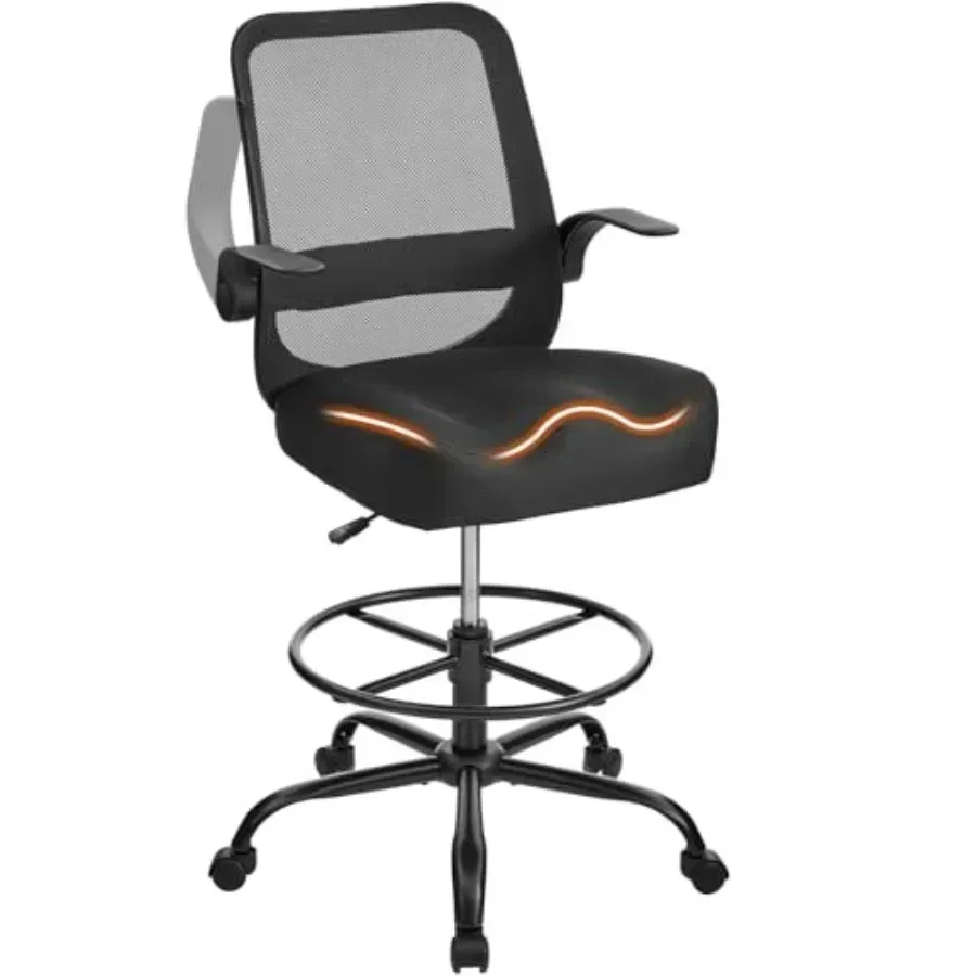 Drafting Chair for Standing Desks 500LBS Capacity Tall Office Chair with Adjustable Height, Foot Ring, Flip-Up Armrests, Thick